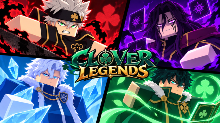 Official Clover Legends art: four mages wielding fire, dark, ice and grimoire clover magic around the game logo